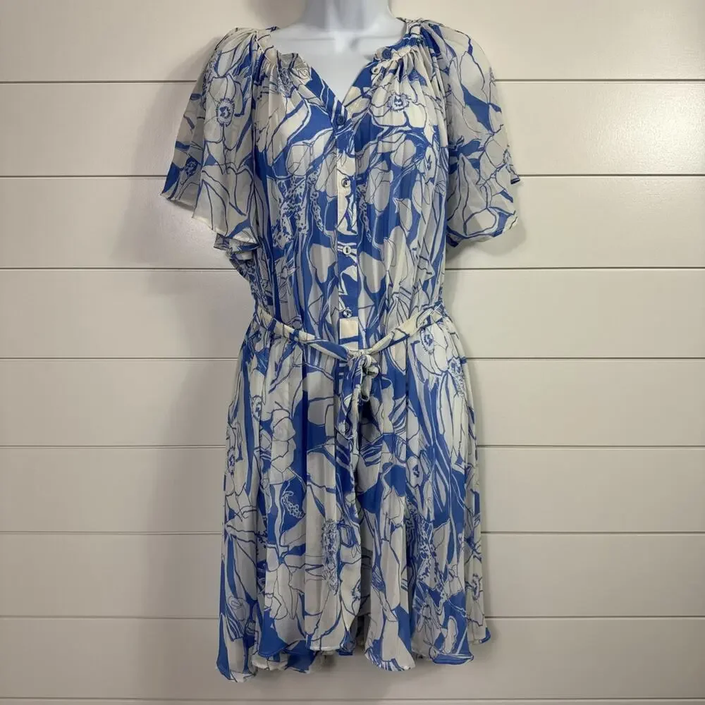 Anthropologie Pleated Button Front Dress Belted Blue White Floral Print sz M